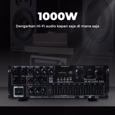 Sunbuck Audio Amplifier Bluetooth HiFi USB Adjustable USB MP3 FM 1000W - AV-MP326BT PRO - Black — gambar 2