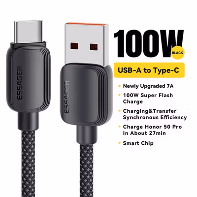 ESSAGER Kabel Data USB Type C Fast Charging Braided 100W 7A 3M - ES-X46 - Black — gambar 2