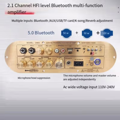 WOOPKER Amplifier Board Audio Bluetooth USB 2.1 Channel 12-24V - D900 - Golden — gambar 2