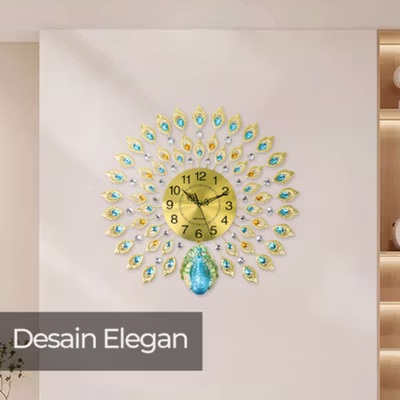 TaffHOME Jam Dinding Bulat Quartz Clock Diamond Peacock 60cm - H19 - Golden — gambar 3