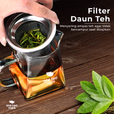 One Two Cups Teko Teh Kaca Saringan Tahan Panas Api Infuser Teapot 350ml - TP-761 - Transparent — gambar 3
