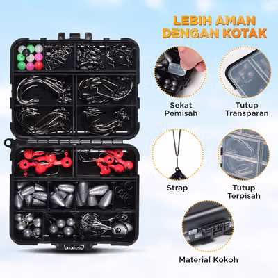 LUSHAZER Kail Pancing Fishing Hook Tackle Box Set 148 PCS - JY07 - Black — gambar 3