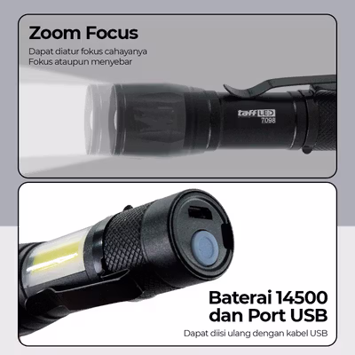 TaffLED Senter LED COB Q5 Mini Rechargeable 300 Lumens - 7098 - Black — gambar 3