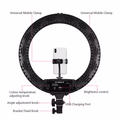 QIAO DA Lampu Ring Light LED 3in1 Color Phone Holder 44.5cm 65W - KY-BK416 - Black — gambar 3