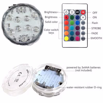 Lampu Hias RGB Bawah Air Submersible Waterproof 10 LED with Remote - 13017 - White — gambar 3