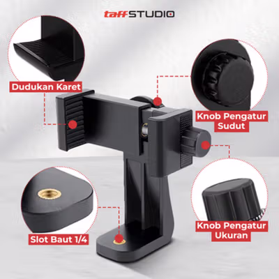 TaffSTUDIO Universal Smartphone Clamp 1/4 Screw Mount - C4 - Black — gambar 3