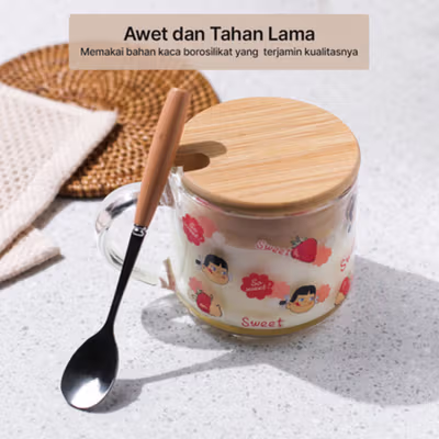 GUC Cangkir Kopi Kaca Tahan Panas dengan Sendok Aesthetic Mug 350ml A - BC1236 - Transparent — gambar 3