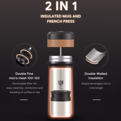 iCafilas Travel Mug Portable French Press Coffee Maker 320ml - FK11 - Black — gambar 3