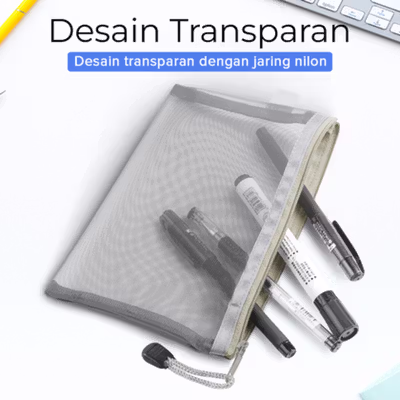 KHINSUN Tas Make Up Kosmetik Transparent Mesh Flat - BS802 - Gray — gambar 3