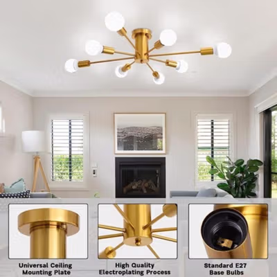 ASHUQI Fitting Lampu Plafon Vintage Ceiling Lights Cabang 8 E27 - AS827 - Golden — gambar 3
