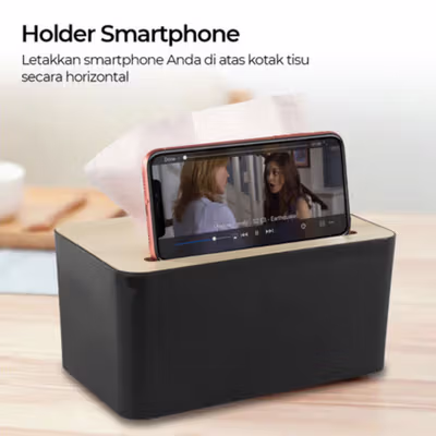 TaffHOME Kotak Tisu Kayu Tissue Box dengan Holder Smartphone - ZJ008 - Black — gambar 3