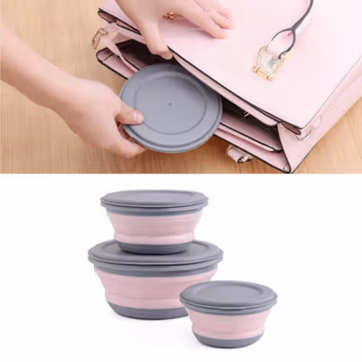 LORV Kotak Makan Lunch Box 3in1 Foldable Silicone 300ml 600ml 1200ml - B1 - Pink — gambar 3