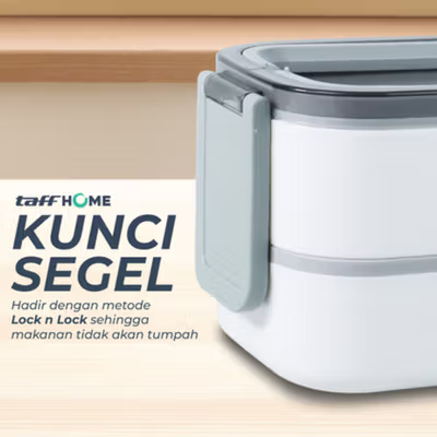 TaffHOME Kotak Makan Lunch Box Stainless Steel Double Layer 1.4L Grid 4 - J274 - White — gambar 3