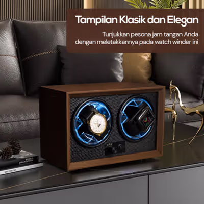 BETTER Watch Winder Walnut Wood Pemutar Jam Tangan Otomatis 2 Slot - SKW166-B - Black/Brown — gambar 3