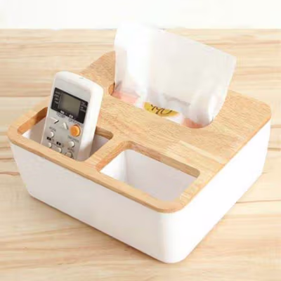 TaffHOME Tempat Tisu Kayu Multifungsi with Smartphone Remote Holder - ZJ004 - White — gambar 3