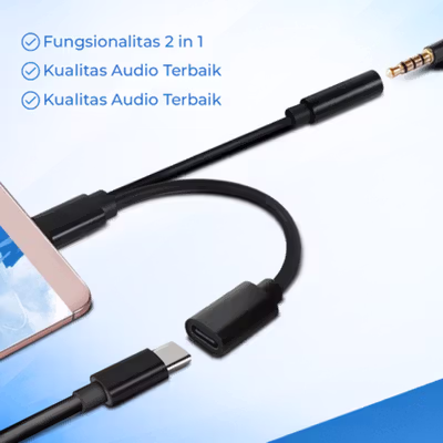 ROBOTSKY Adaptor 2in1 USB Type C to AUX 3.5mm Headphone and USB Type C - S-K06 - Black — gambar 3