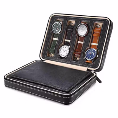 Kotak Jam Tangan Travel Watch Case Display Box Bahan Kulit 8 Grid - L-001 - Black — gambar 3