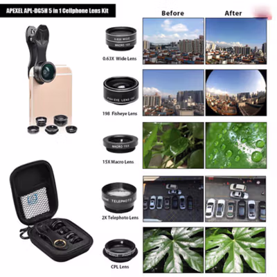 APEXEL Lensa Kamera HP 5in1 CPL Fisheye Macro Telephoto Wide Angle - APL-DG5H - Black — gambar 3