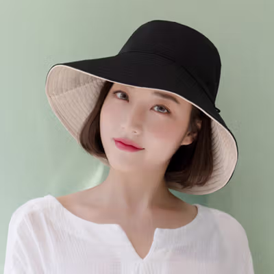 Daddy Chen Topi Wanita Bucket Hat Bolak Balik Foldable 2in1 Kain Katun - 1808 - Black — gambar 3