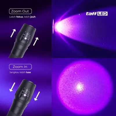 TaffLED Senter UV LED Cree T6 1000 Lumens Zoom Portable 395nm - T118 - Black — gambar 3