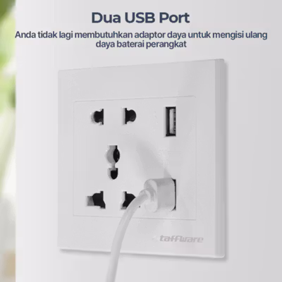 Taffware Stop Kontak Dinding Universal UK EU US dan 2 USB Port - ATH1 - White — gambar 3
