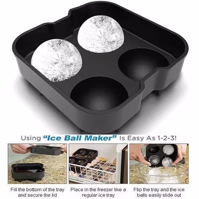 TEENRA Cetakan Es Batu Silikon Bulat 4 Grid Ice Cube Mold - TW-159 - Black — gambar 3