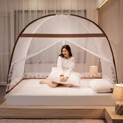 TaffHOME Kelambu Tempat Tidur Jaring Anti Nyamuk Lipat 120x200cm - A76 - White/Gold — gambar 3