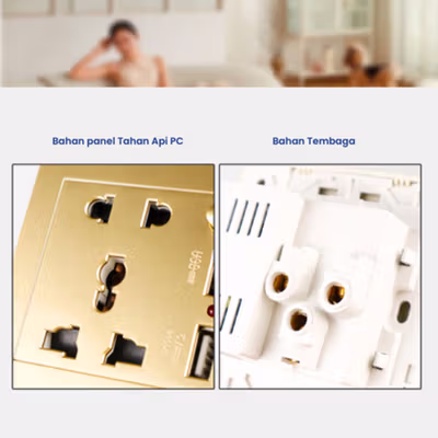 TaffHOME Stopkontak Universal UK EU US with 2 Port USB Switch - LC-23 - Golden — gambar 3