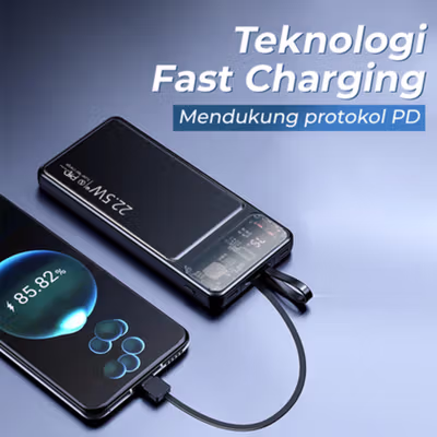 Shark Power Bank 10000mAh Fast Charging PD 2in1 Cable USB Port 22.5W - KP103 - Black — gambar 3