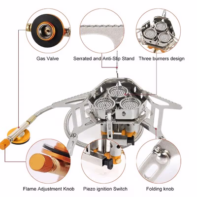 TaffSPORT Kompor Gas Portable Lipat Outdoor 3 Burner Camping Stove - WD68 - Silver — gambar 3