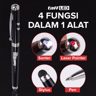 TaffLED Pulpen 4in1 Senter Laser Pointer Pen dan Stylus Tinta Hitam - T0054 - Black — gambar 3