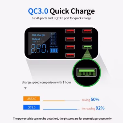 ASOMETECH Charger USB 8 Port Fast Charging PD QC 40W with LED - WLX-A9D - Black White — gambar 3