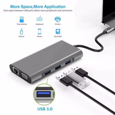 EASYIDEA USB Type C Hub 10 in 1 HDMI VGA USB 3.0 LAN RJ45 Card Reader - VD76 - Gray — gambar 3