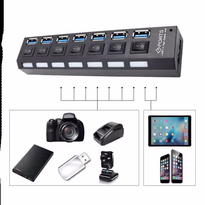 HXM USB Hub 6Port 2.0 dan 1Port 3.0 Docking Station with Power Supply - HX7 - Black — gambar 3