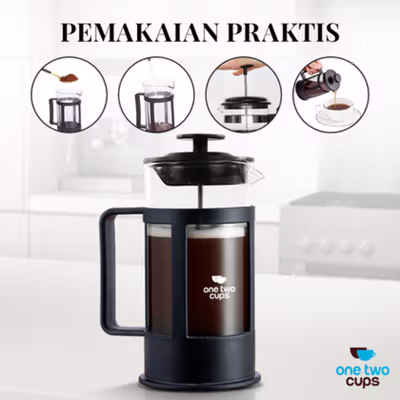 One Two Cups French Press Coffee Maker Pot Plunger Borosilicate Glass 350ml - FN35 - Black — gambar 3