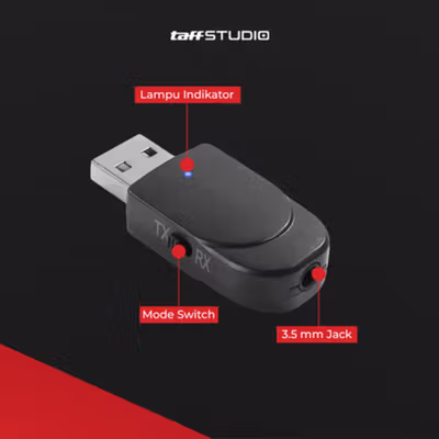 TaffSTUDIO 2 in 1 USB Audio Bluetooth 5.0 Transmitter & Receiver - KN330 - Black — gambar 3