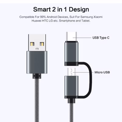 FLOVEME Kabel Charger 2in1 Fast Charging Micro USB Type C 14W 1.2M - B00626 - Gray — gambar 3