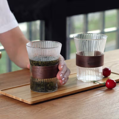 GIANXI Gelas Kaca Aesthetic Kopi Teh Japanese Wood Sleeve Glass 300ml - GN14 - Transparent — gambar 3