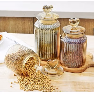 One Two Cups Toples Kaca Penyimpanan Makanan Kedap Udara 1.35L Vertical Line - GFS138 - Brown — gambar 3