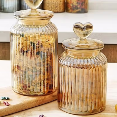 One Two Cups Toples Kaca Penyimpanan Makanan Kedap Udara 950ml Vertical Line - GFS137 - Brown — gambar 3