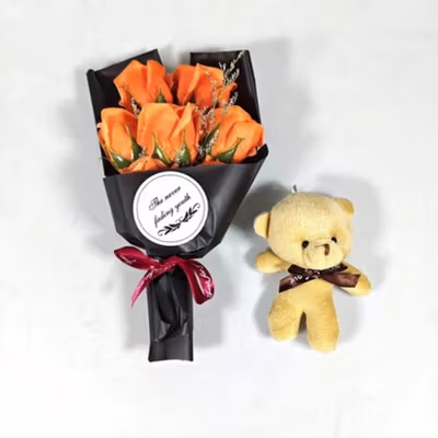 WS Buket Bunga Sabun Mawar Boneka LED String Soap Rose Valentine Gift - WS-07 - Orange — gambar 3