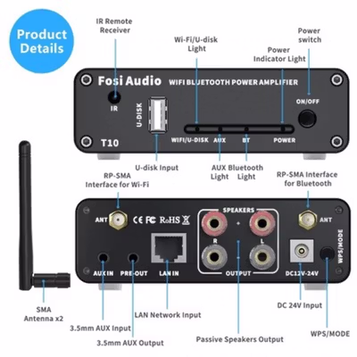 Fosi Audio WiFi & Bluetooth 5.0 Amplifier 2 CH with Remote - T10 - Black — gambar 3