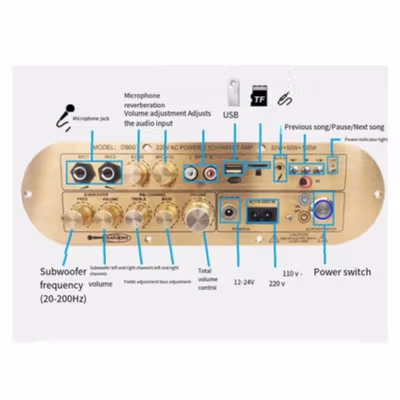 WOOPKER Amplifier Board Audio Bluetooth USB 2.1 Channel 12-24V - D900 - Golden — gambar 3