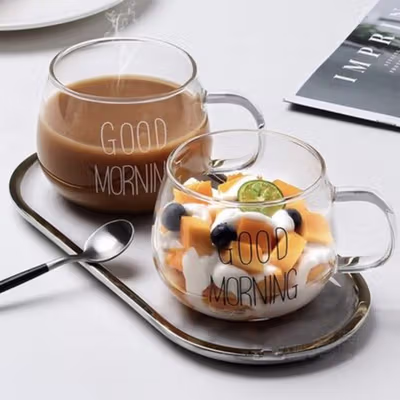 One Two Cups Cangkir Kopi Kaca Tahan Panas Good Morning Mug 350ml - 9H8D - Transparent — gambar 4