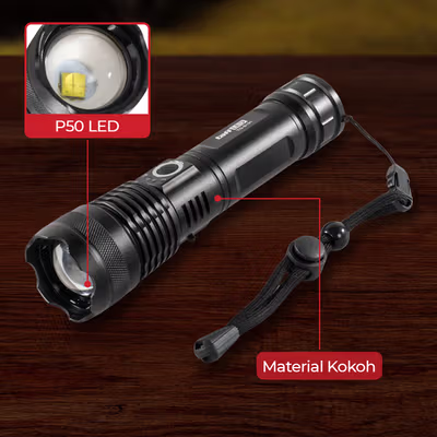 TaffLED Senter LED P50 Long Range Zoom Rechargeable IP55 800 Lumens - TG-S191 - Black — gambar 4
