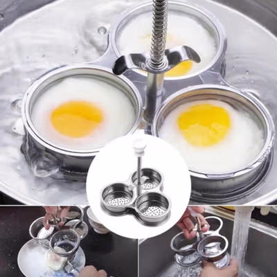AMMBER Alat Rebus Telur 3 Slot Non-Stick Perforated Hole Egg Poacher - YD16 - Silver — gambar 4