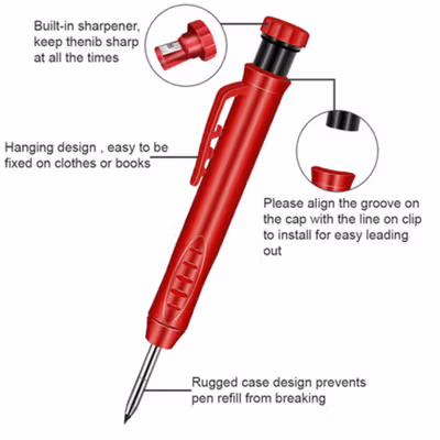 BAILE Pensil Tukang Mekanik Carpenter Marking Pencil with Refill 6 PCS - B15322 - Black — gambar 4
