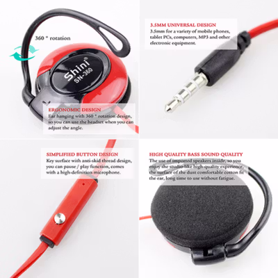 Shini Earhook Clip-on Headphone Sporty with Mic - SN360 - Black — gambar 4