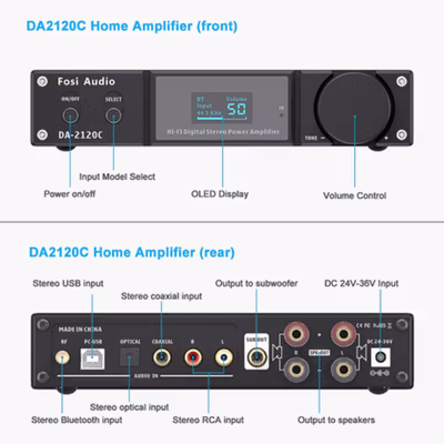 Fosi Audio Bluetooth 5.0 Amplifier 2.1 Channel with Remote - DA2120C - Black — gambar 4