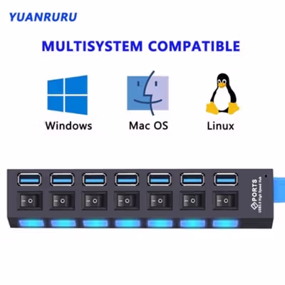 YUANRURU USB Type A Hub 7 Port USB 3.0 High Speed Extender - Y445 - Black — gambar 4